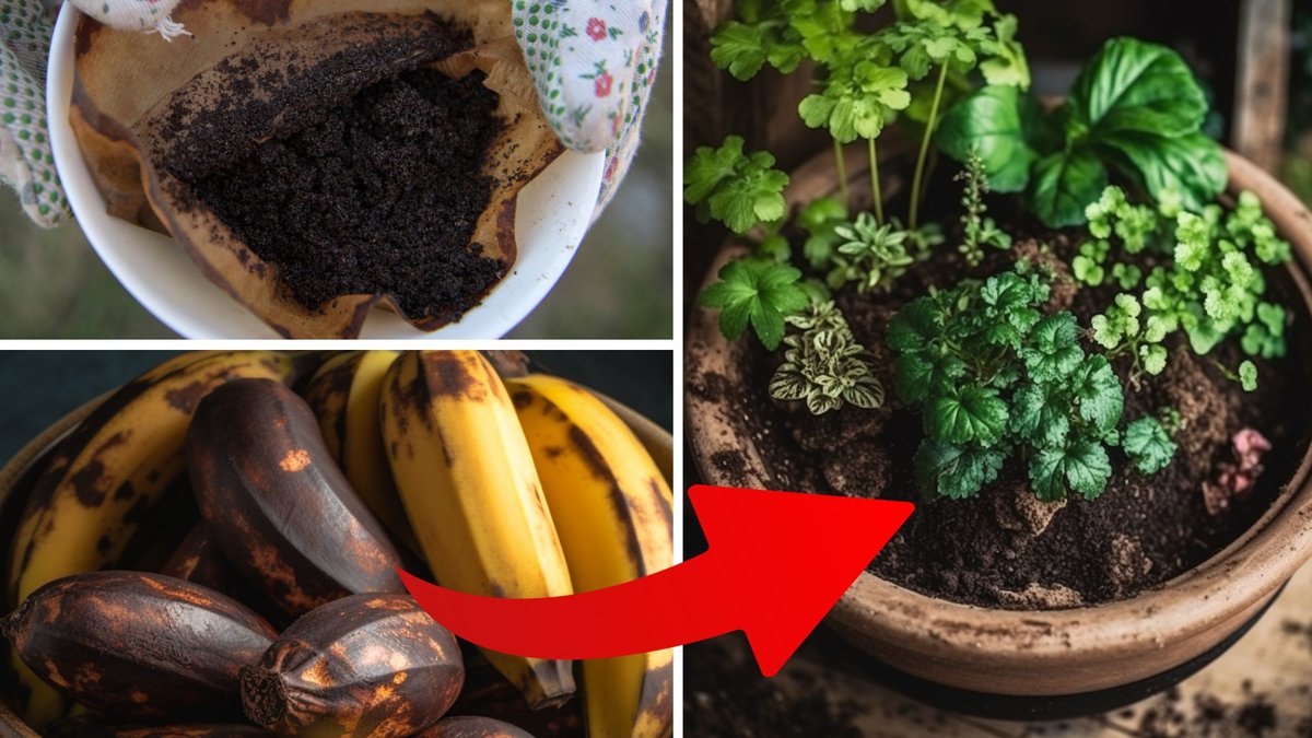 Kaffesump och gamla bananer kan komposteras och bli växtnäring.